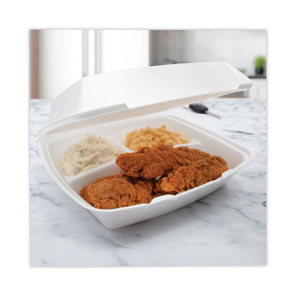 Foam Hinged Lid Containers, 3-Compartment, 7.5 X 8 X 2.3, White, 200/Carton