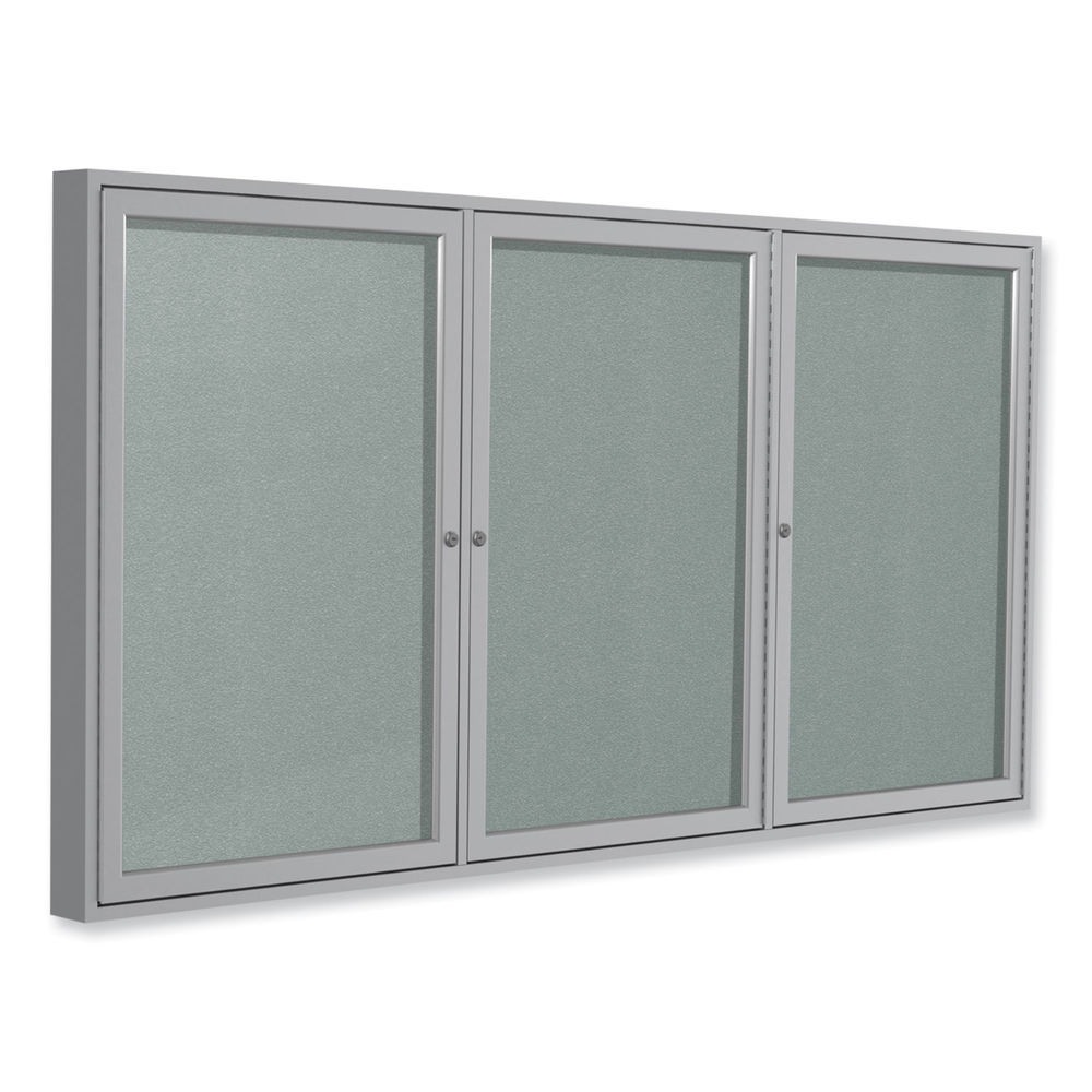 3 Door Enclosed Vinyl Bulletin Board with Satin Aluminum Frame, 72 x 48, Silver Surface, Ships in 7-10 Business Days