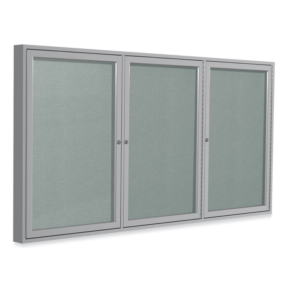 3 Door Enclosed Vinyl Bulletin Board with Satin Aluminum Frame, 72 x 48, Silver Surface, Ships in 7-10 Business Days