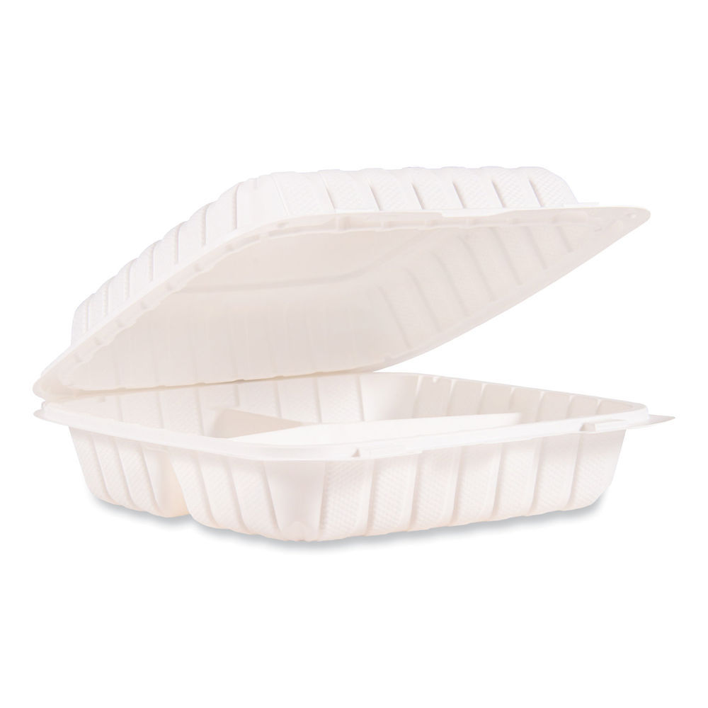 Dart Foam Hinged Lid Container, 3-Compartment, 8 oz, 9 x 9.4 x 3, White, 200/Carton