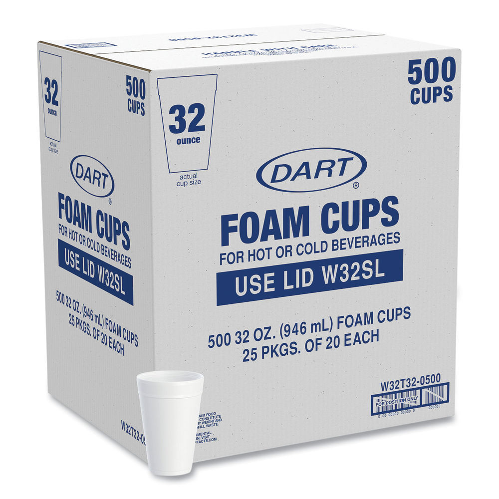 Dart Foam Drink Cups, 32 oz, Tapered Bottom, White, 25/Bag, 20 Bags/Carton  - Mfr Part# 32AJ32