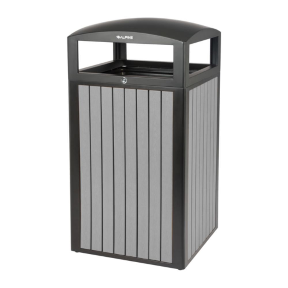 Alpine Industries 38 Gallon Outdoor Metal Slatted Trash Can with Rain Bonnet Lid