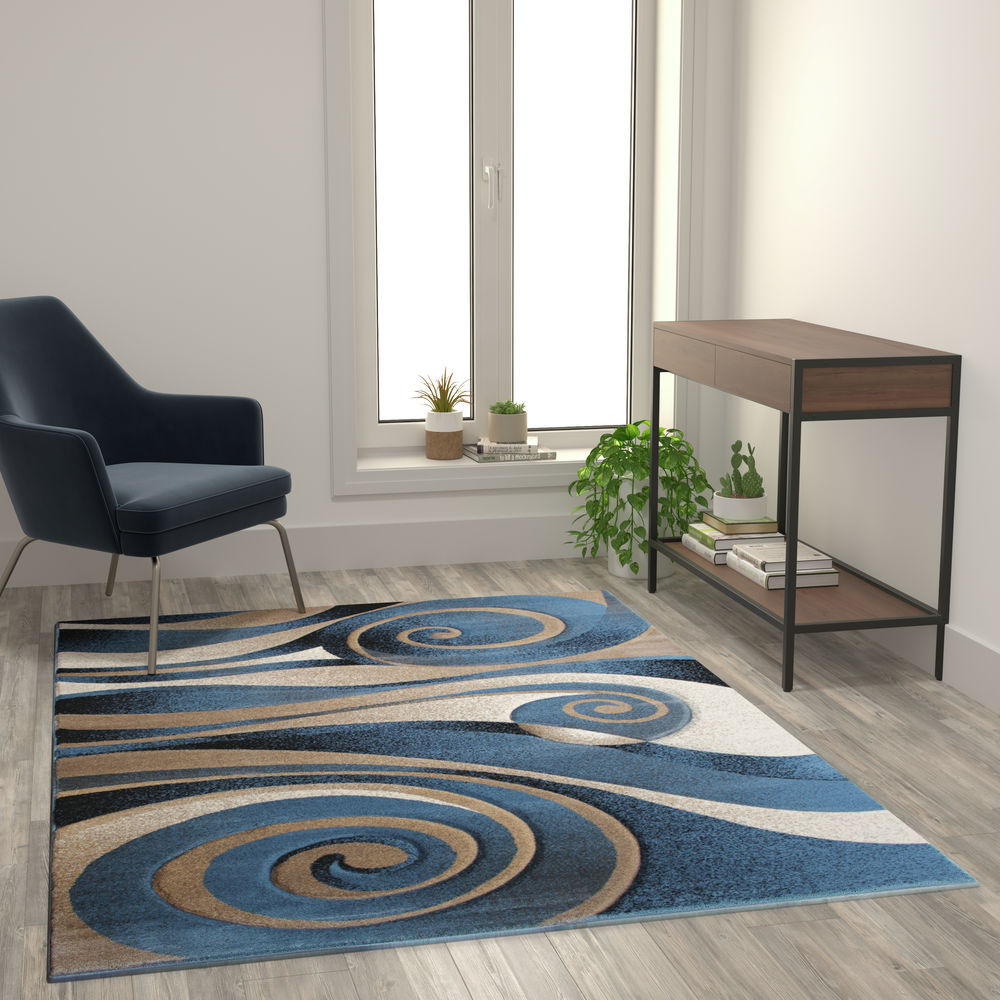 Flash Furniture Coterie Collection 5 X 7 Modern Circular Patterned Indoor Area Rug Blue And Beige Olefin Fibers With Jute Backing