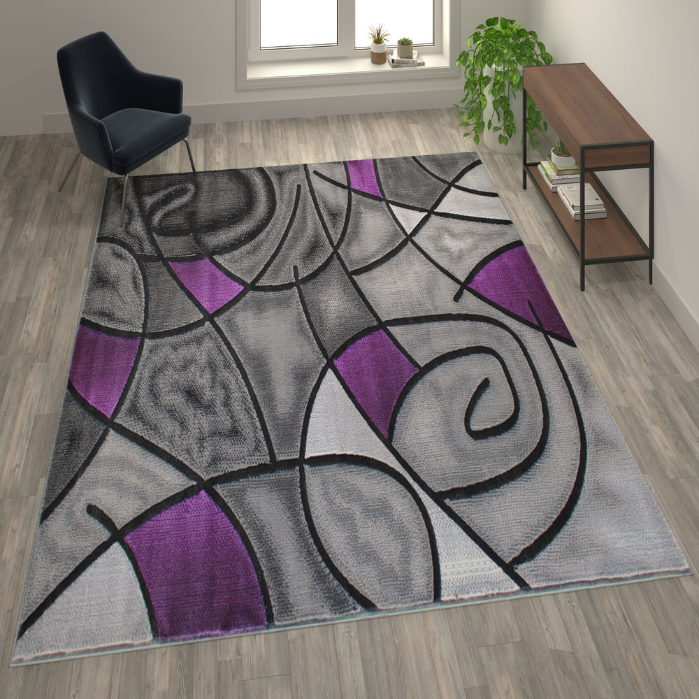 Flash Furniture Cirrus Collection 2' x 7' Purple Swirl Patterned Olefin Area Rug with Jute Backi