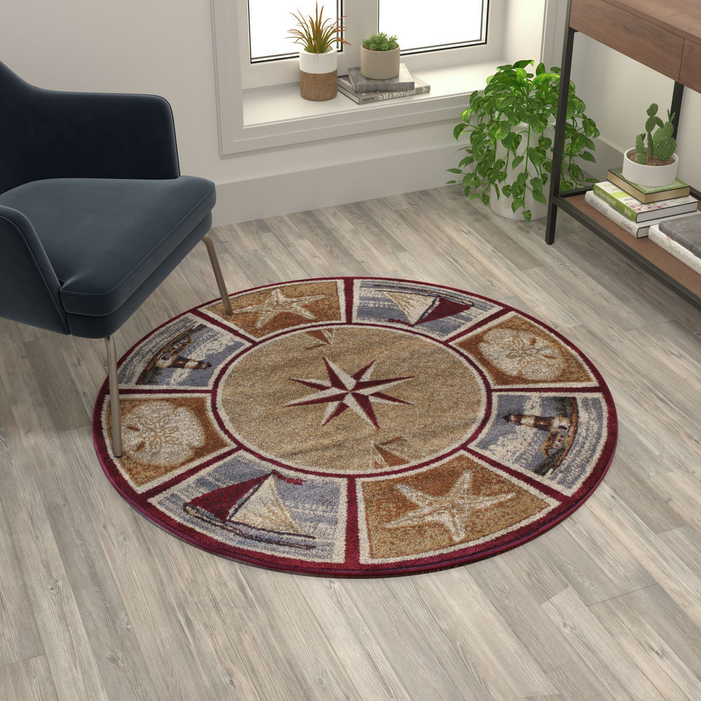 Flash Furniture Nautical Themed 4' x 4' Round Beige Olefin Area Rug for Indoor Use