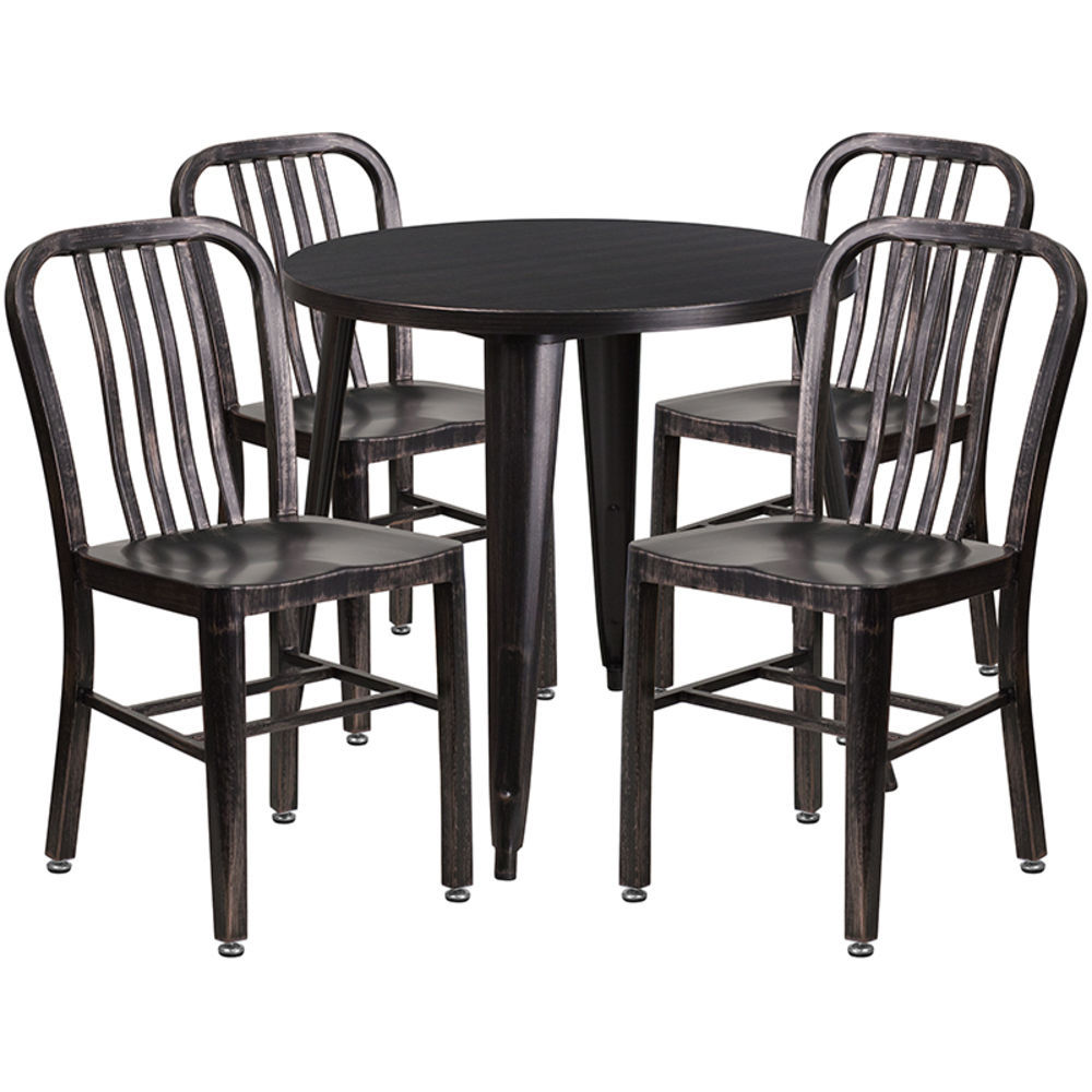 Flash Furniture 30 Round Black Metal Indoor-Outdoor Table Set with 4 Vertical Slat Back Chairs 