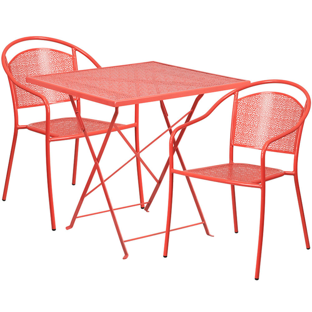 Flash Furniture 28" Square Steel Flower Print Patio Dining Table in Coral 