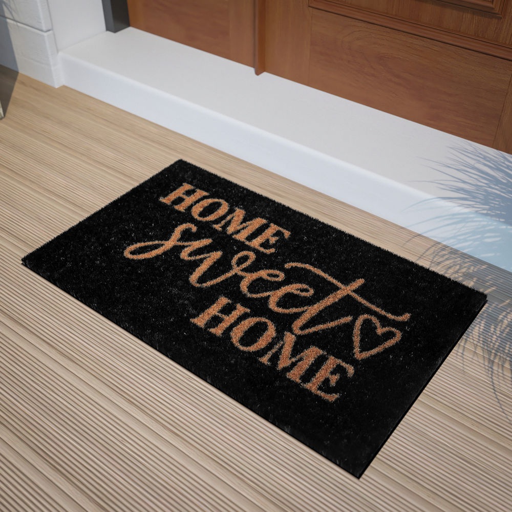Flash Furniture 18 x 30 Harbold Indoor & Outdoor Coir Doormat with Natural Home Sweet Home Message & Non-Slip Backing Black