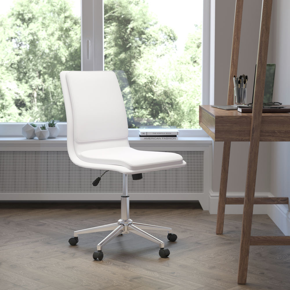 Flash Furniture Mid-Back Armless Office Task Chair with Chrome 5-Star Base  in White LeatherSoft