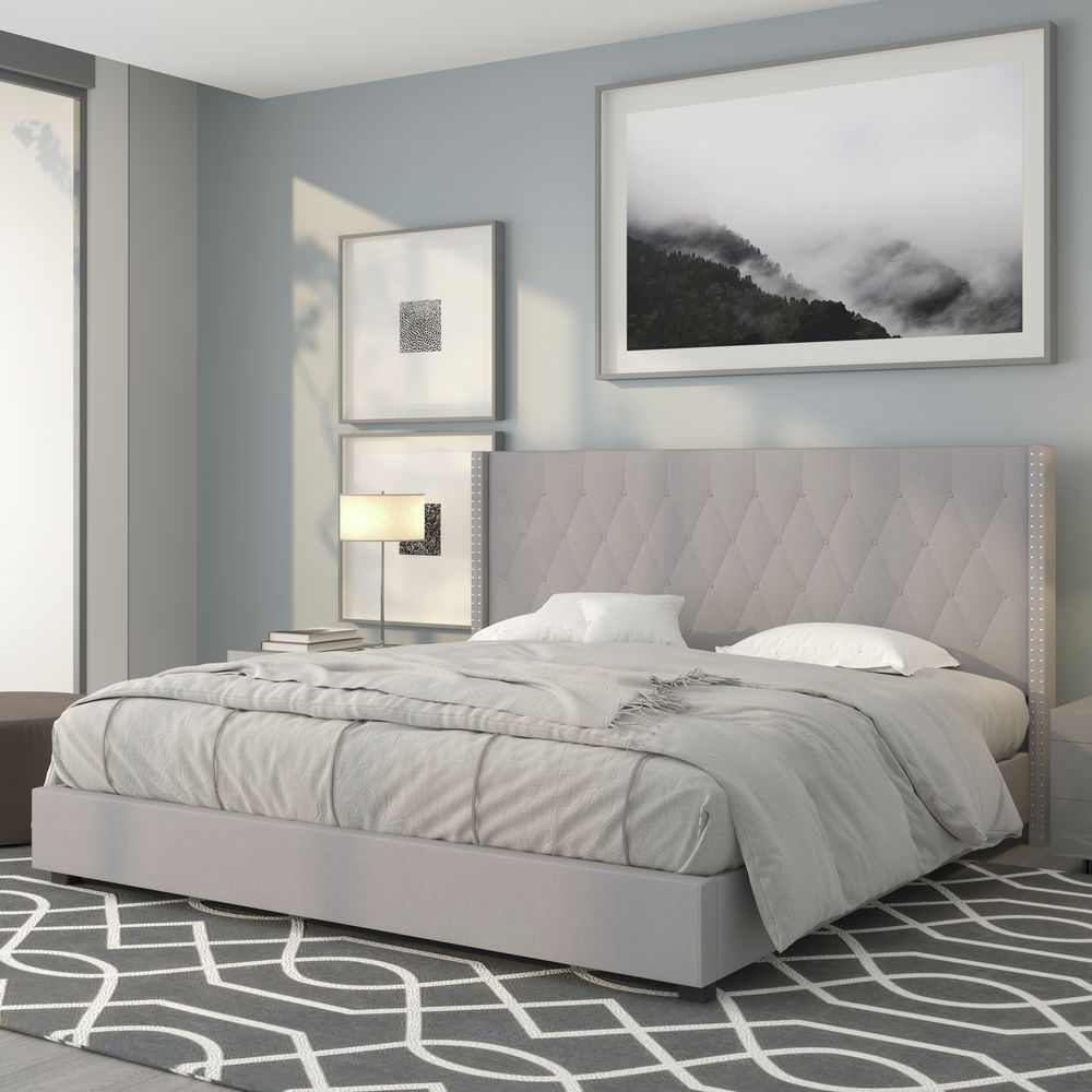 Contemporary Tufted Upholstered King Size Bedroom Headboard in Light Gray Fabric 