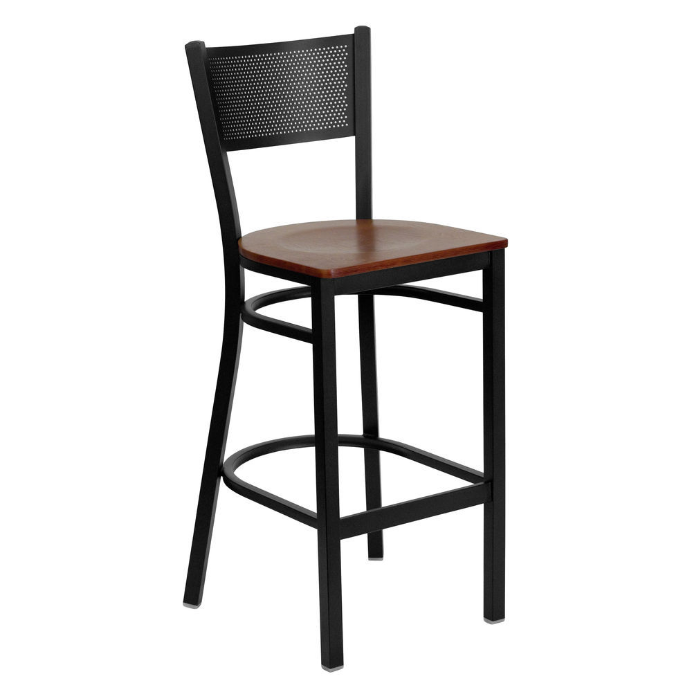 Flash Furniture HERCULES Series Black Grid Back Metal Restaurant Barstool Cherry Wood Seat 