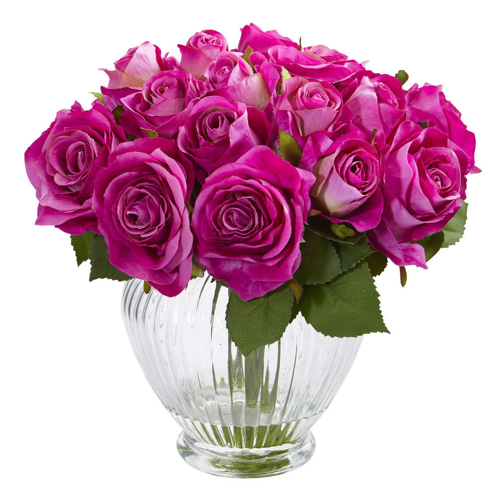 Nearly Natural Rose Artificial Floral Arrangement In Elegant Glass