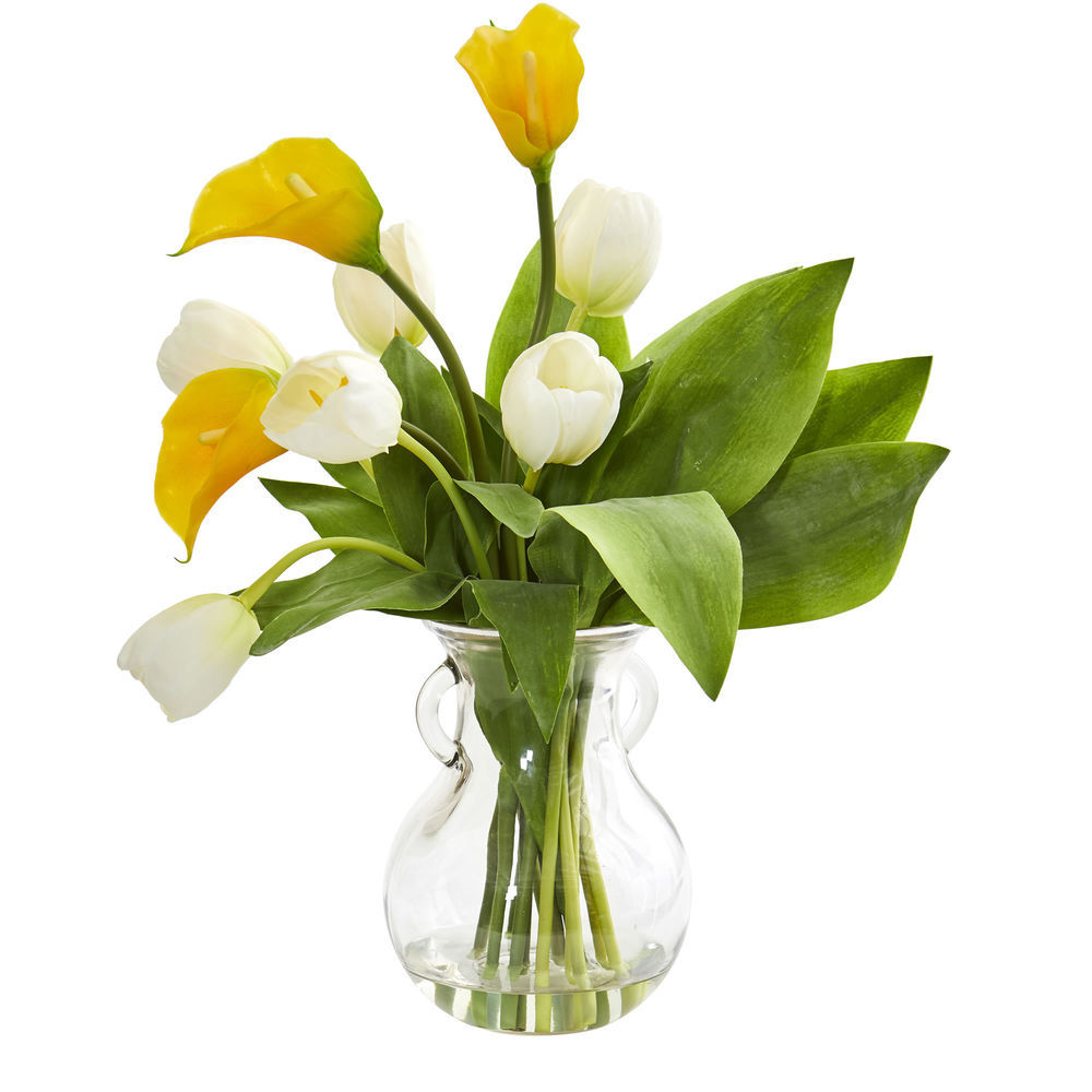 Nearly Natural Tulips with Glass Vase White