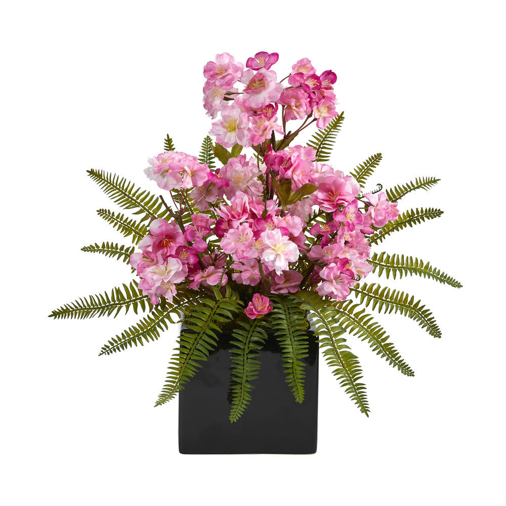 Nearly Natural 17 In Cherry Blossom And Fern Artificial Arrangement In Black Vase