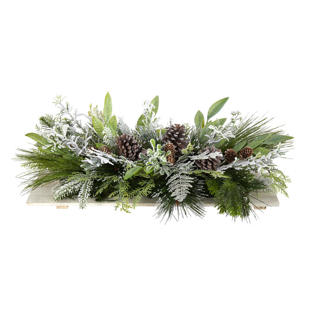 20” Holiday Winter Greenery with Pinecones and Gingham Plaid Bow Table  Christmas Arrangement