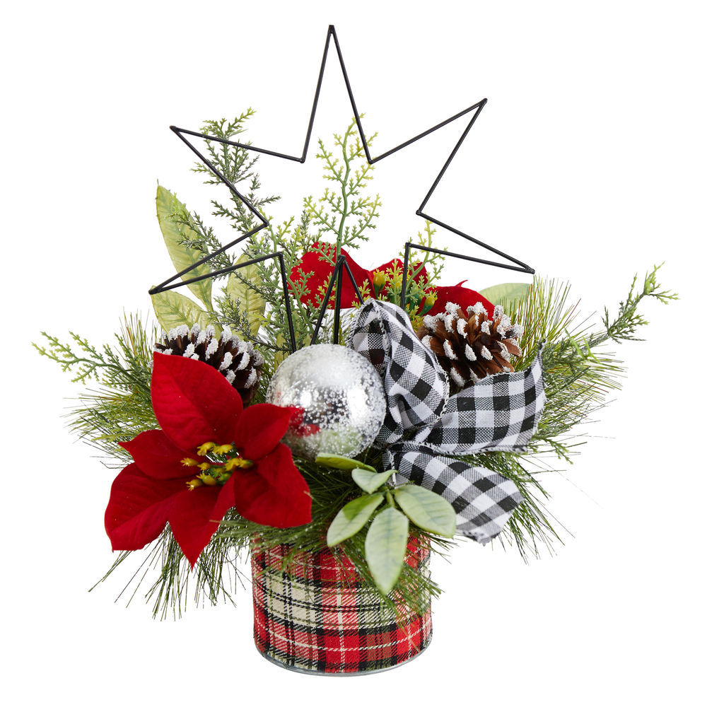 28” Holiday Winter Greenery, Berries and Plaid Bow Artificial Christmas  Arrangement Home Décor