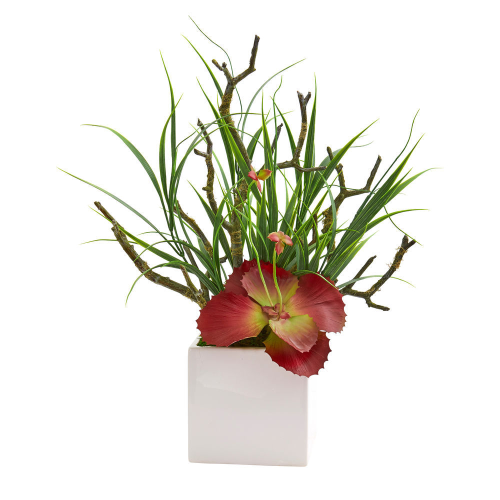 Nearly Natural 17in. Succulent and Grass Artificial White Planter Silk Plants, Green