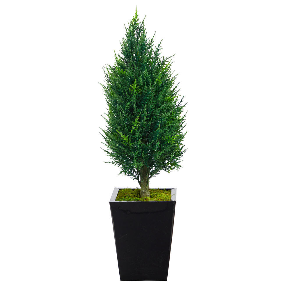 Nearly Natural Cypress Tower Artificial Tree in Black Metal UV Resistant