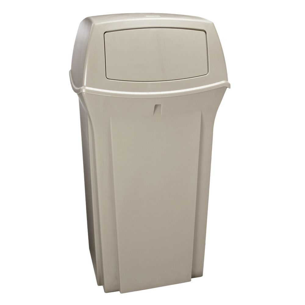 Plastic large trash cans with the lids up and garbage inside