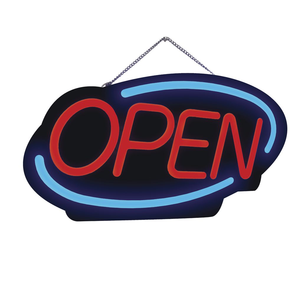 SIGN, OPEN W/CIRCLE, LED, RED/BLUE