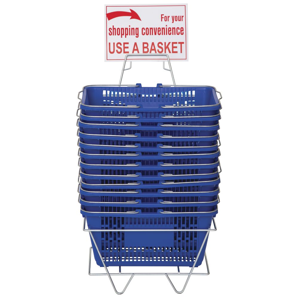 12 Shopping Basket Set Blue Standard-size w/ Plastic Handle Display Rack & Sign 