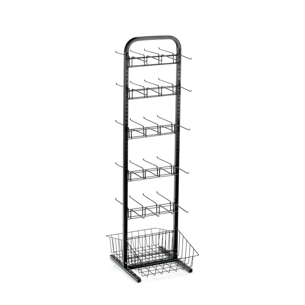 Retail Display Stands with Adjustable Baskets and Peg Hooks