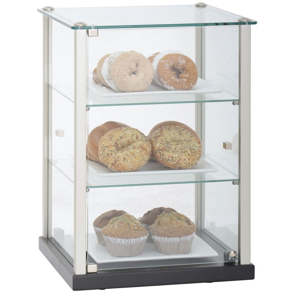 DISPLAY CASE, 3 TIER, SQUARE, GLASS + WOOD