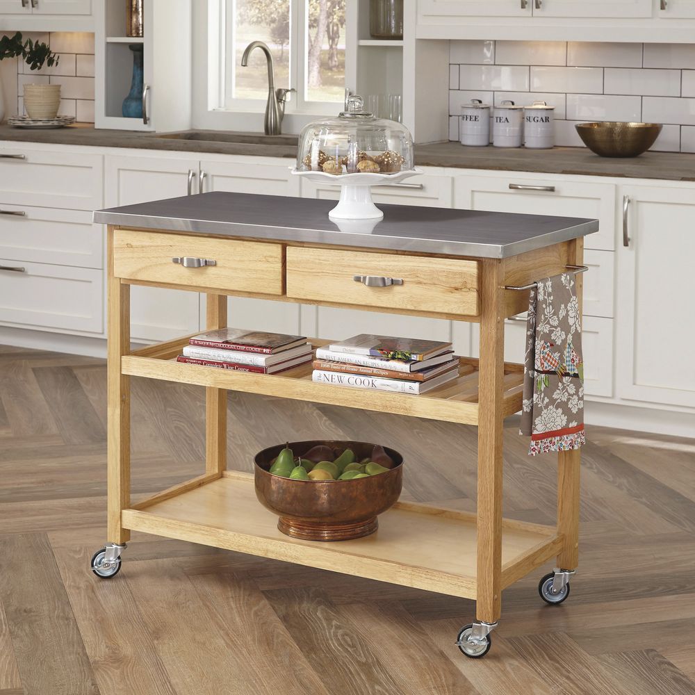 Wood Serving Cart With Stainless Steel Top 46"L x 19"D x 36"H
