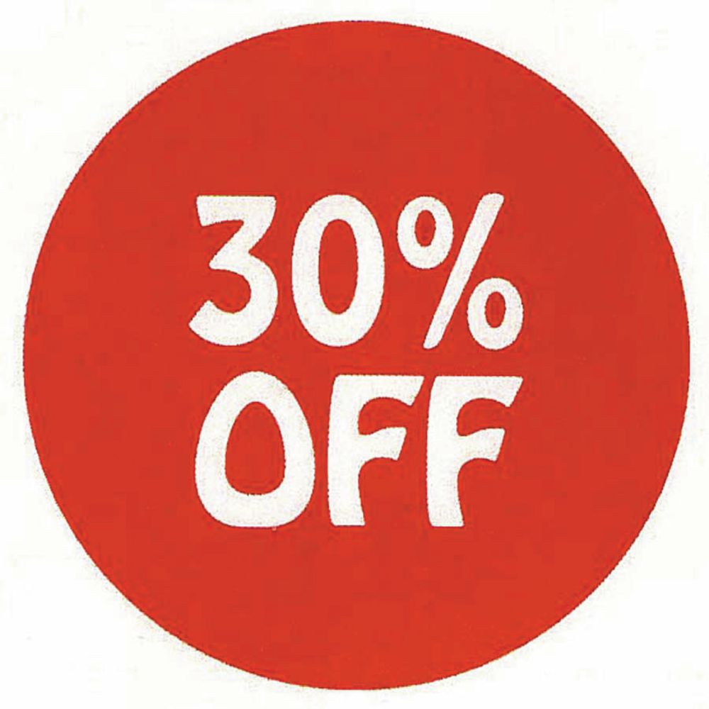 LABELS, 30% OFF, WHITE/RED, 1000/ROLL