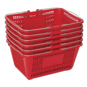 Pack of 5 Red Plastic Shopping Baskets & Mobile Stand 