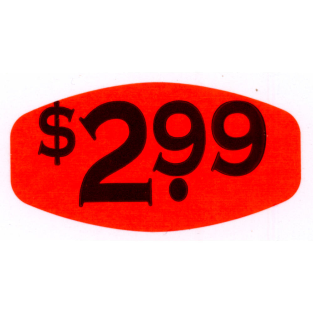 $2.99 Price Point Grabber Grocery Store Labels 1 3/8"L x 7/8"H Red With Black Print