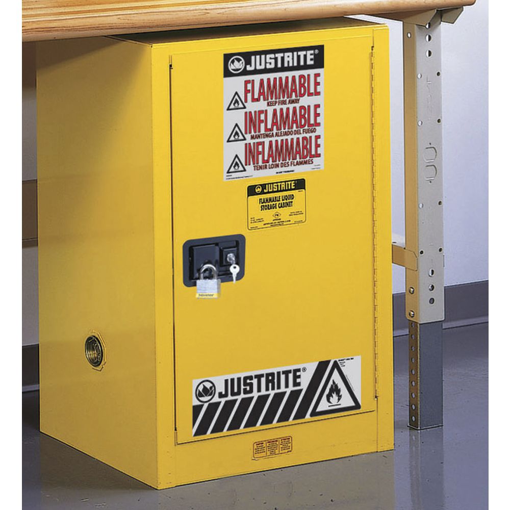 Justrite Sure-Grip Chemical Storage Cabinets with 12-Gallon Capacity in Yellow Steel  23 1/4"L x 18"D x 35"H