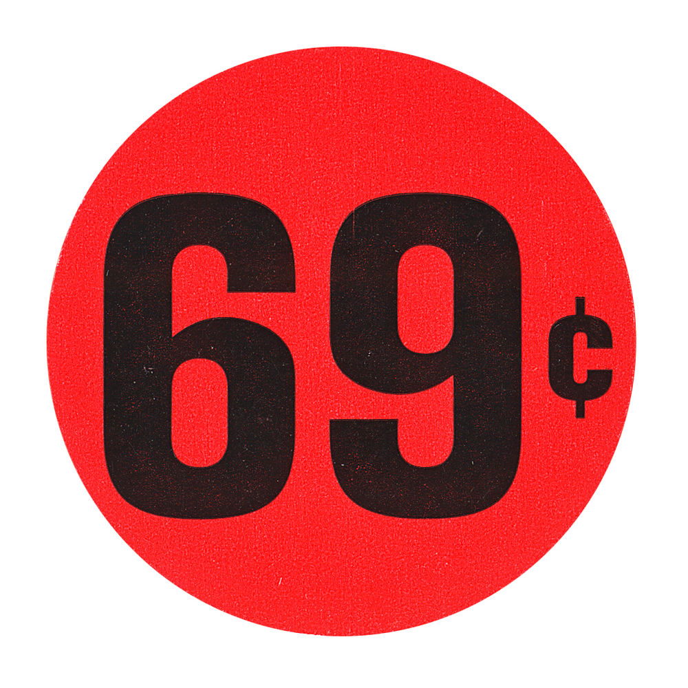 LABEL, RED FLR, 69 CENTS, 1 1/2" DIA.